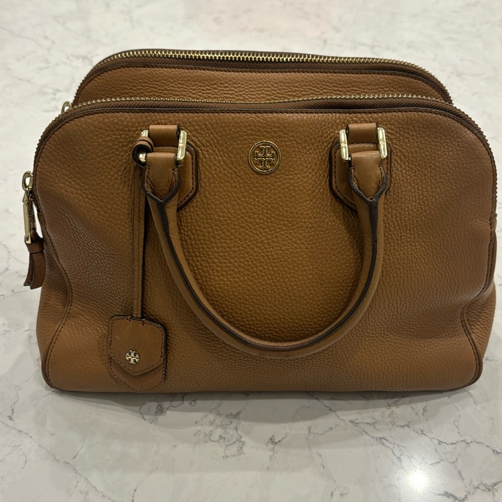 Tory Burch Brown Leather Robinson Double Zip Dome Satchel